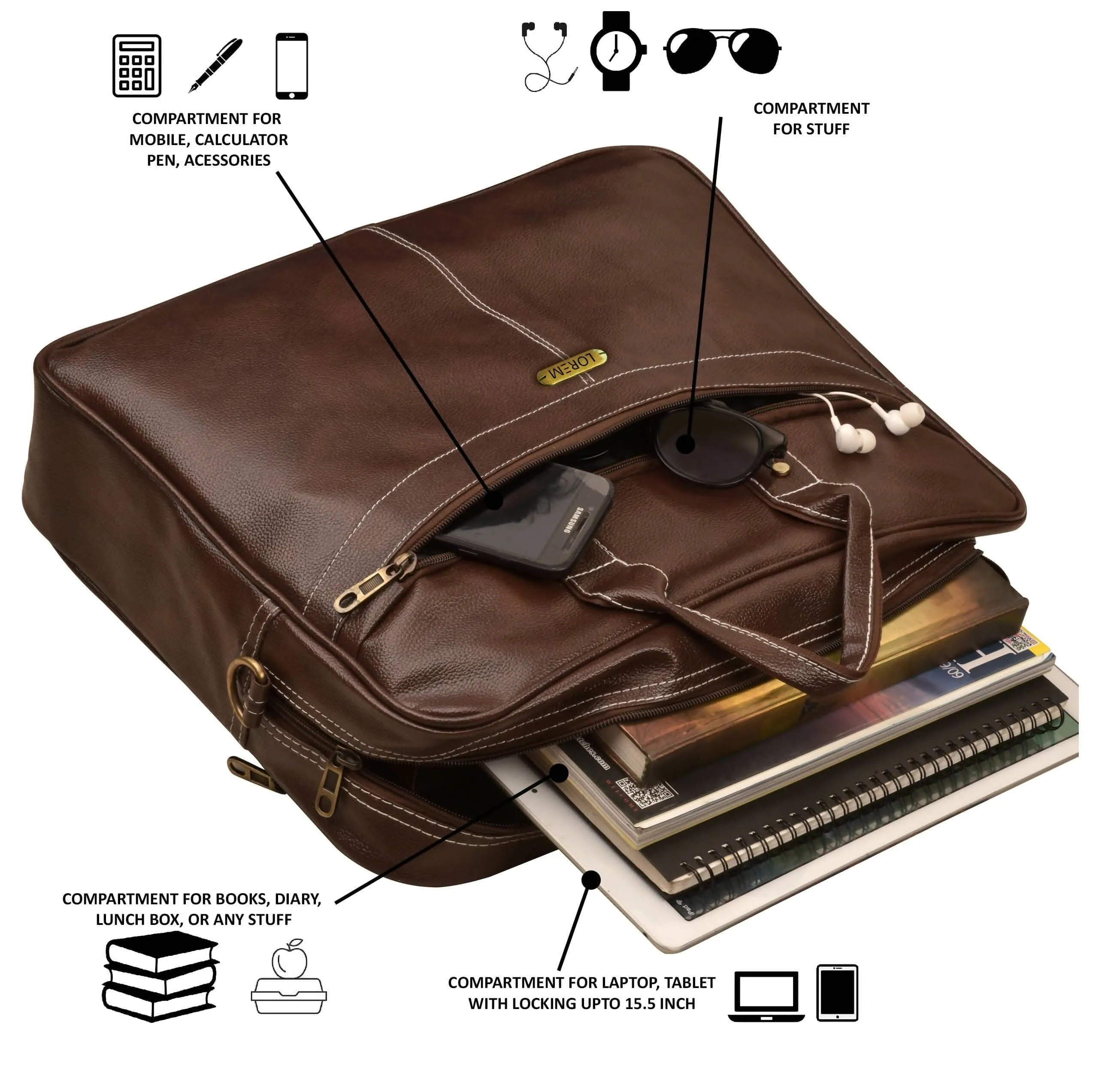LOREM Brown Faux Leather Laptop Messenger Bag for Men & Women (10 L) (BG16)