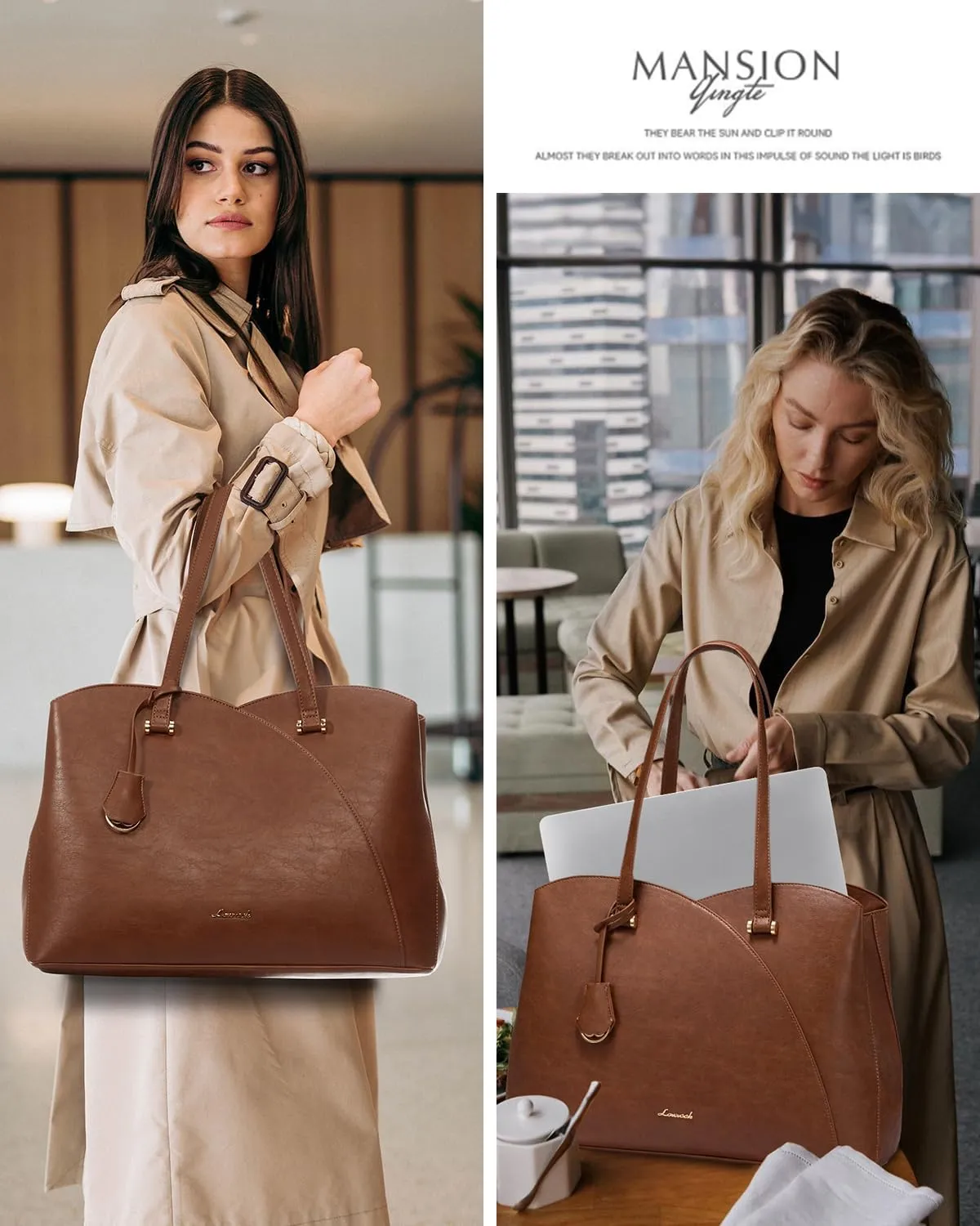 LOVEVOOK 17 Inch Laptop Tote Bag for Women, Work Bags Laptop Bag Teacher Tote Bag, Leather Computer Bag Large Purses Handbag Professional Briefcase, Brown