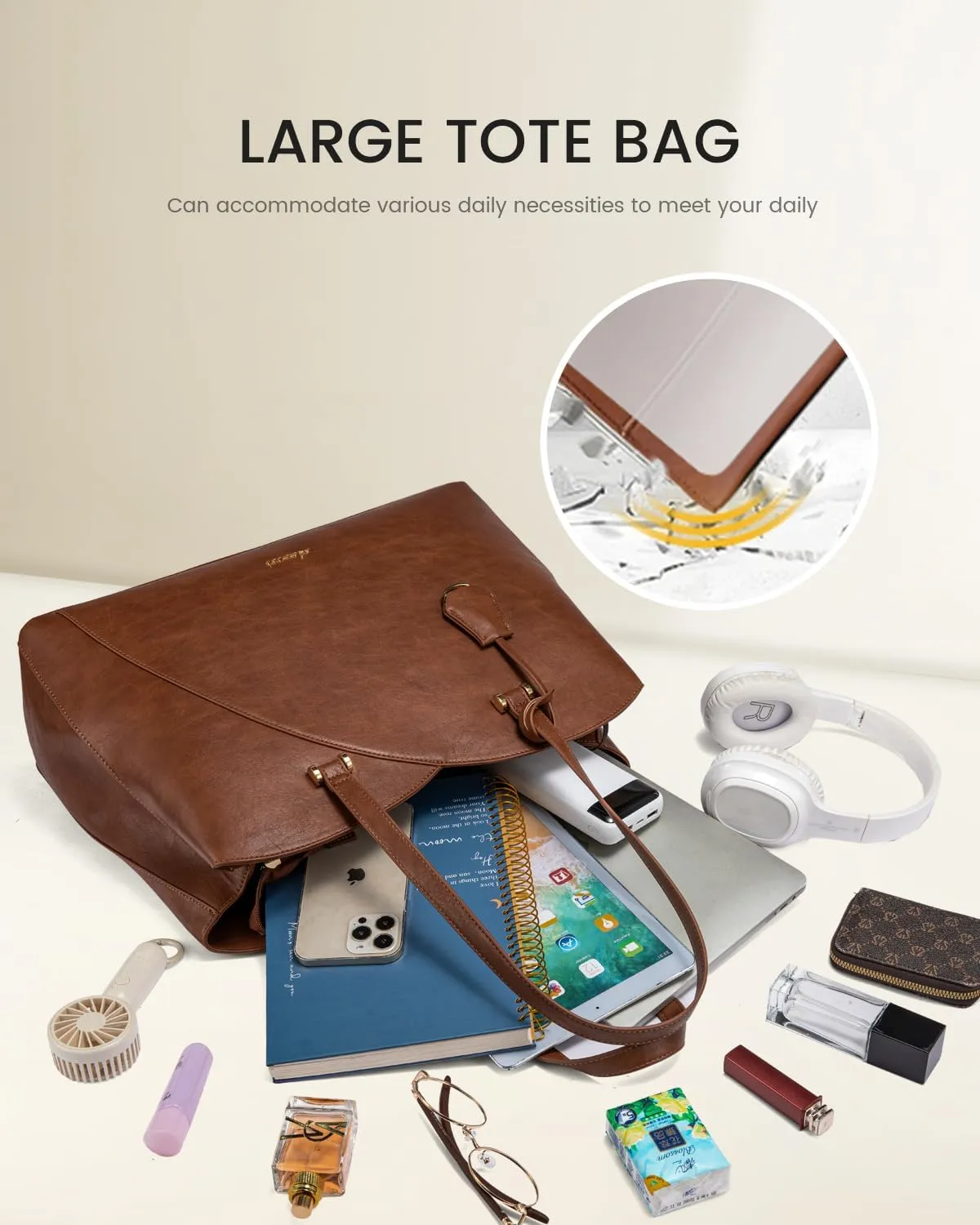 LOVEVOOK 17 Inch Laptop Tote Bag for Women, Work Bags Laptop Bag Teacher Tote Bag, Leather Computer Bag Large Purses Handbag Professional Briefcase, Brown