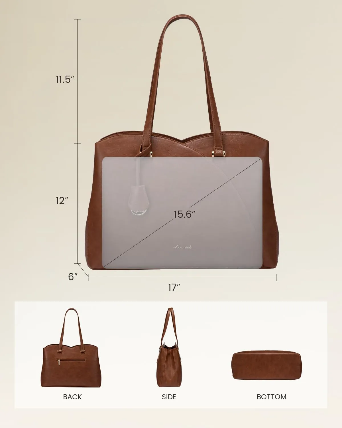 LOVEVOOK 17 Inch Laptop Tote Bag for Women, Work Bags Laptop Bag Teacher Tote Bag, Leather Computer Bag Large Purses Handbag Professional Briefcase, Brown