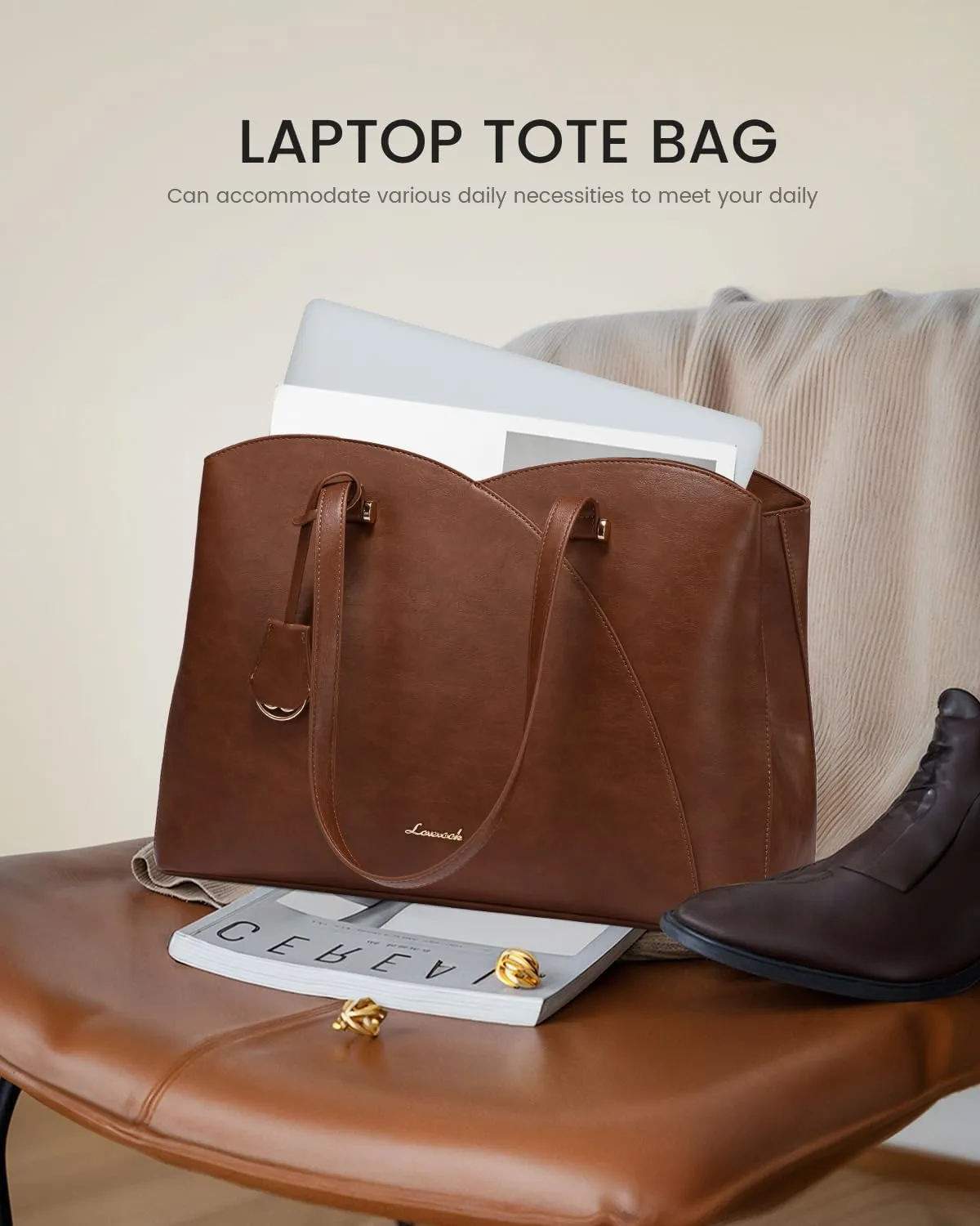 LOVEVOOK 17 Inch Laptop Tote Bag for Women, Work Bags Laptop Bag Teacher Tote Bag, Leather Computer Bag Large Purses Handbag Professional Briefcase, Brown