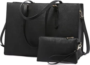 LOVEVOOK 17.3-inch Laptop Bag for Women, Large Capacity Travel Tote Bag with Clutch Purse 2PCs Set, Professional Business Computer Work Bag, Leather Shoulder Briefcase for Office Lady, Black
