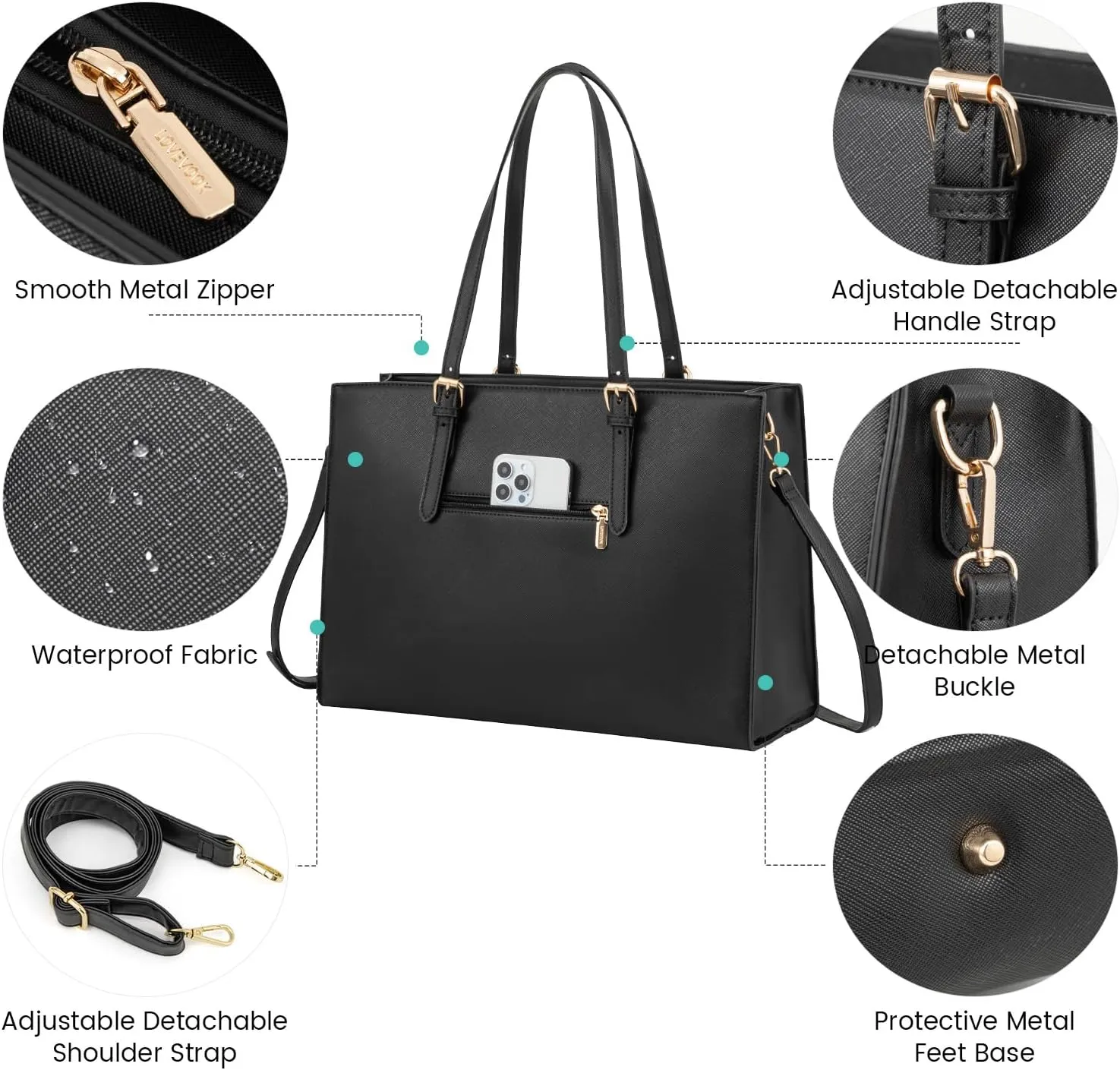 LOVEVOOK 17.3-inch Laptop Bag for Women, Large Capacity Travel Tote Bag with Clutch Purse 2PCs Set, Professional Business Computer Work Bag, Leather Shoulder Briefcase for Office Lady, Black