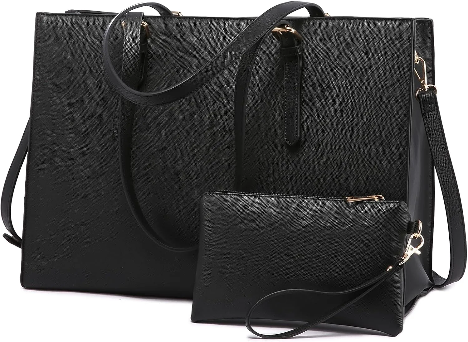 LOVEVOOK 17.3-inch Laptop Bag for Women, Large Capacity Travel Tote Bag with Clutch Purse 2PCs Set, Professional Business Computer Work Bag, Leather Shoulder Briefcase for Office Lady, Black