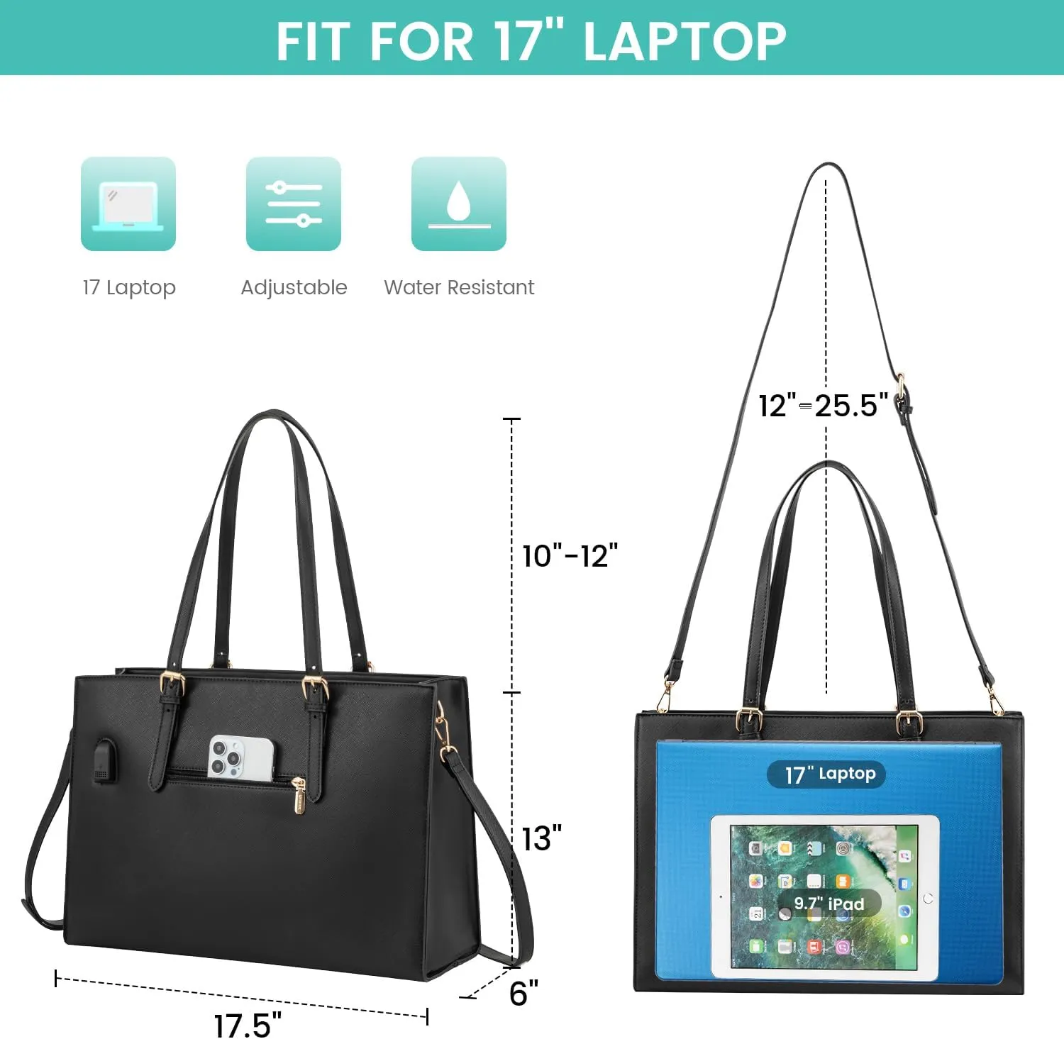 LOVEVOOK 17.3-inch Laptop Bag for Women, Large Capacity Travel Tote Bag with Clutch Purse 2PCs Set, Professional Business Computer Work Bag, Leather Shoulder Briefcase for Office Lady, Black