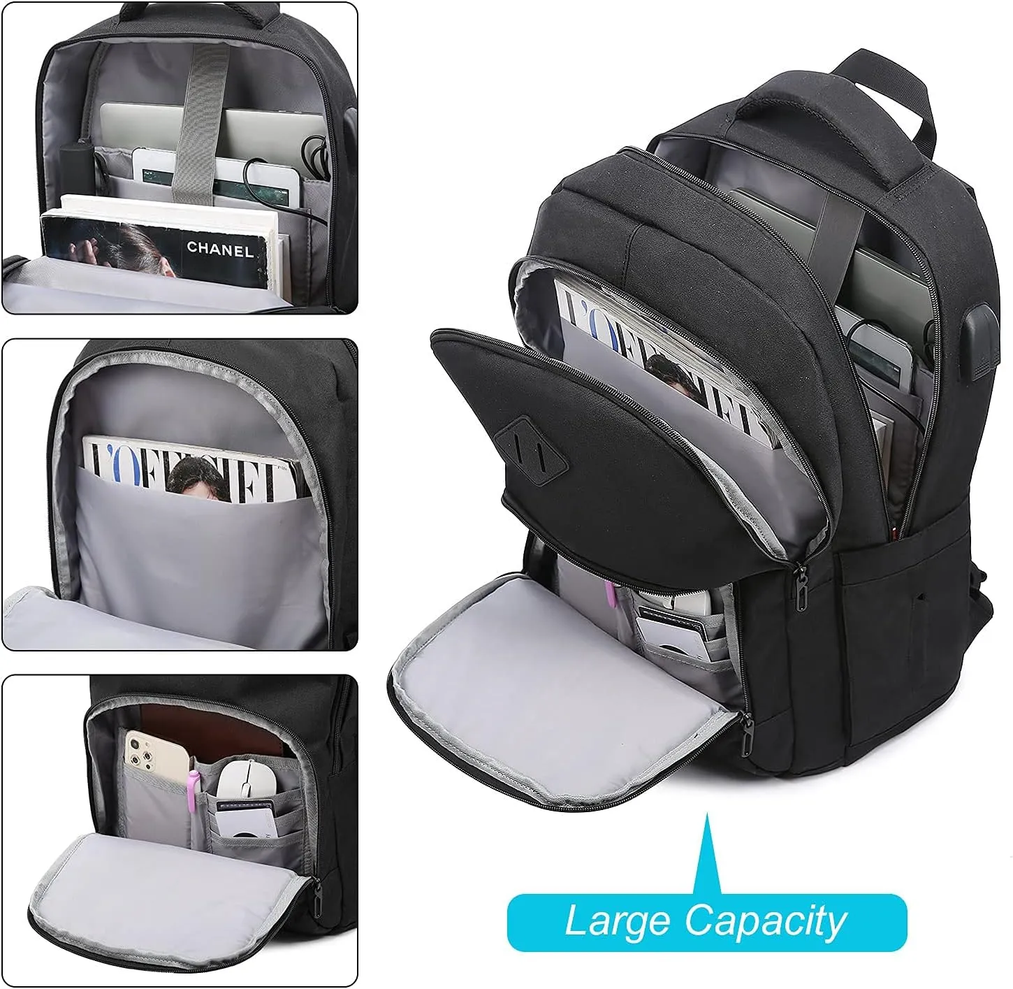 LOVEVOOK Black Backpack for Women Men, School Bookbag with Laptop Compartment for College Work Travel, Water Resistant Daypack, Fit 15.6" Laptop