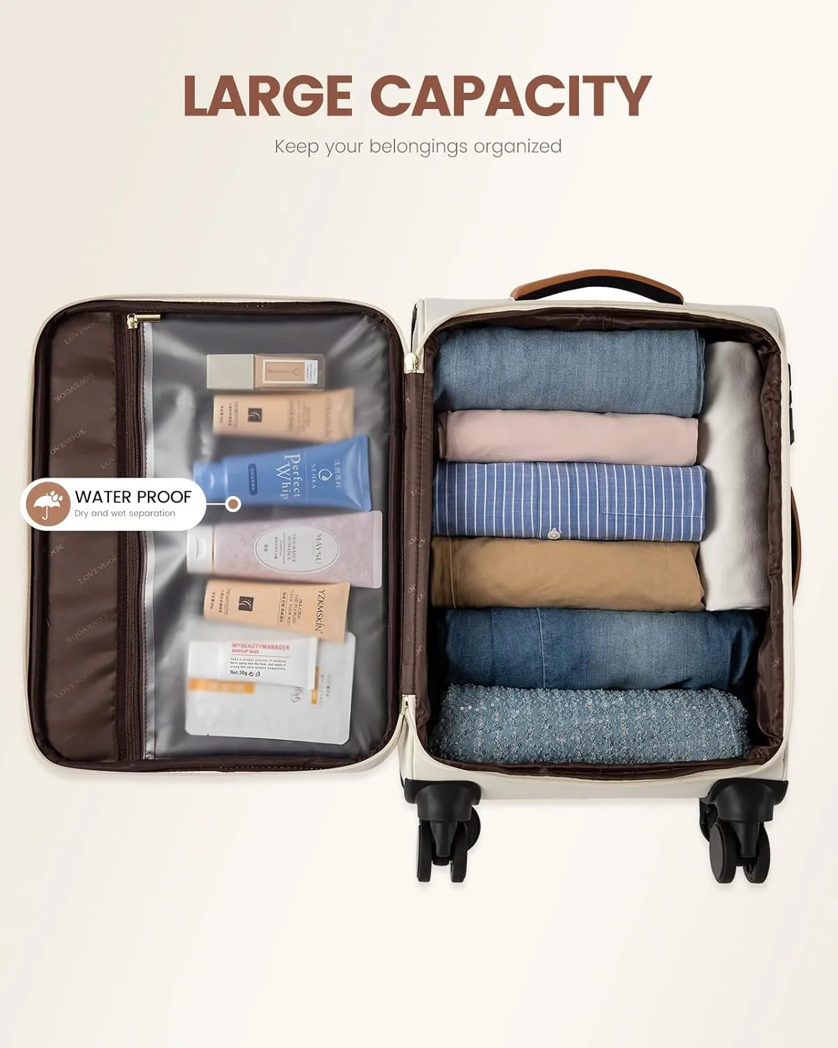 LOVEVOOK Carry On Luggage 22x14x9 Airline Approved with Spinner Wheels, 20 Inch Softside Suitcases for Travel, Lightweight Rolling Carry on Suitcase with TSA Lock for Women Men Weekender, Beige-brown