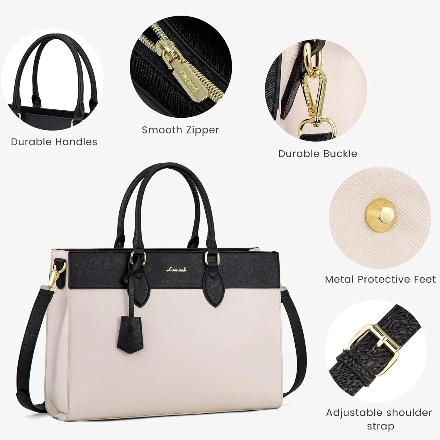 LOVEVOOK Laptop Bag for Women, 15.6 inch Laptop Tote Work Bag Purse, Large Waterproof Leather Computer Briefcase for Office, Beige-Black
