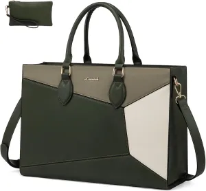 LOVEVOOK Laptop Bag for Women,15.6 lnch Waterproof Lightweight Leather Tote Bag,Professional Business Office Work Bags with Clutch Purse,Large Capacity Computer Shoulder Handbag,Army-Grey-White