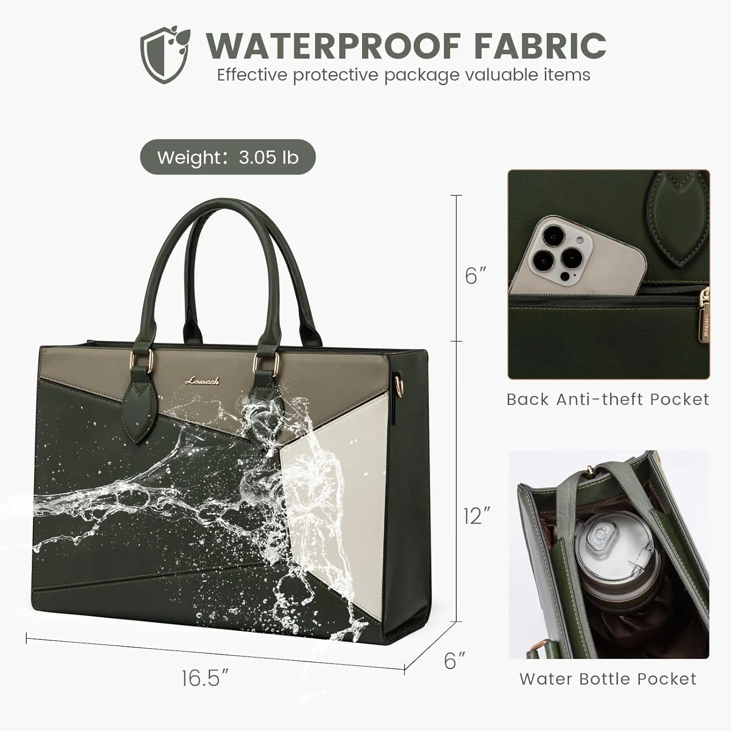 LOVEVOOK Laptop Bag for Women,15.6 lnch Waterproof Lightweight Leather Tote Bag,Professional Business Office Work Bags with Clutch Purse,Large Capacity Computer Shoulder Handbag,Army-Grey-White