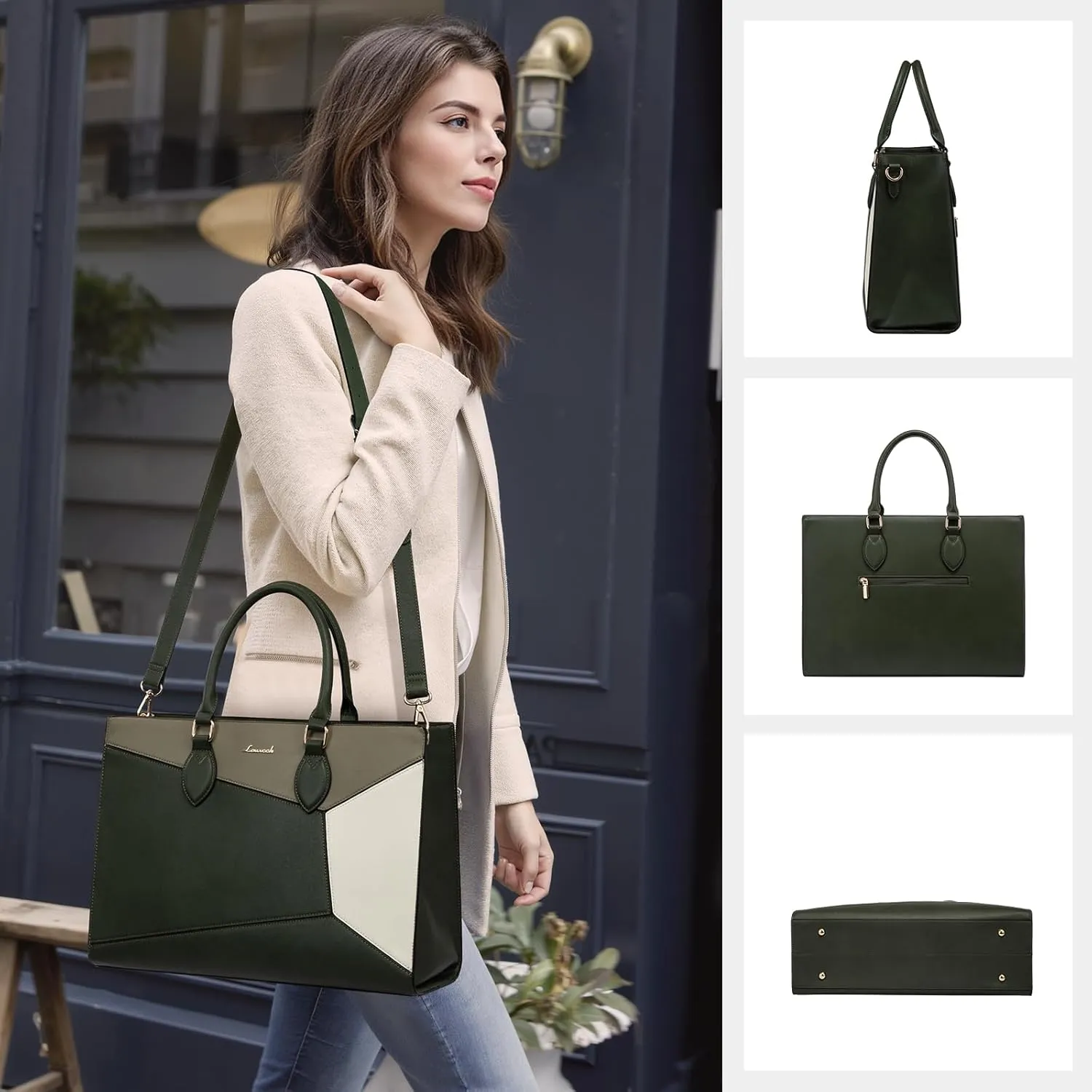 LOVEVOOK Laptop Bag for Women,15.6 lnch Waterproof Lightweight Leather Tote Bag,Professional Business Office Work Bags with Clutch Purse,Large Capacity Computer Shoulder Handbag,Army-Grey-White