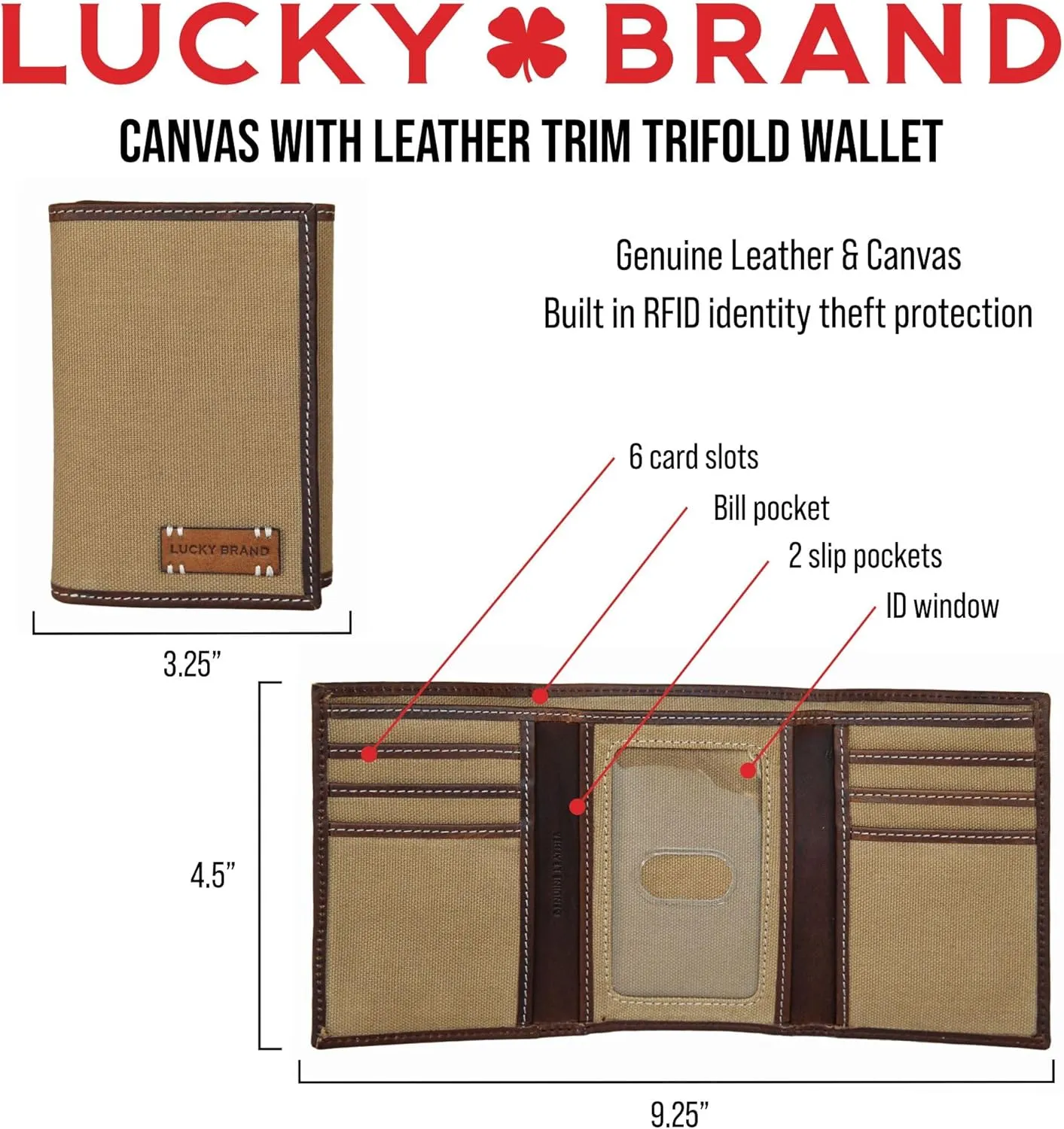 Lucky Brand Men's Trifold Wallet | Id Window | Card Slots | Leather | Organization | Durable | Stylish