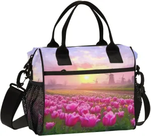 Lunch Bag Tulip Field Windmill Lunch Box for Women Men Reusable Lunch Tote Shoulder Bag Leakproof Thermal Insulated Lunch Containers for Work Picnic Travel