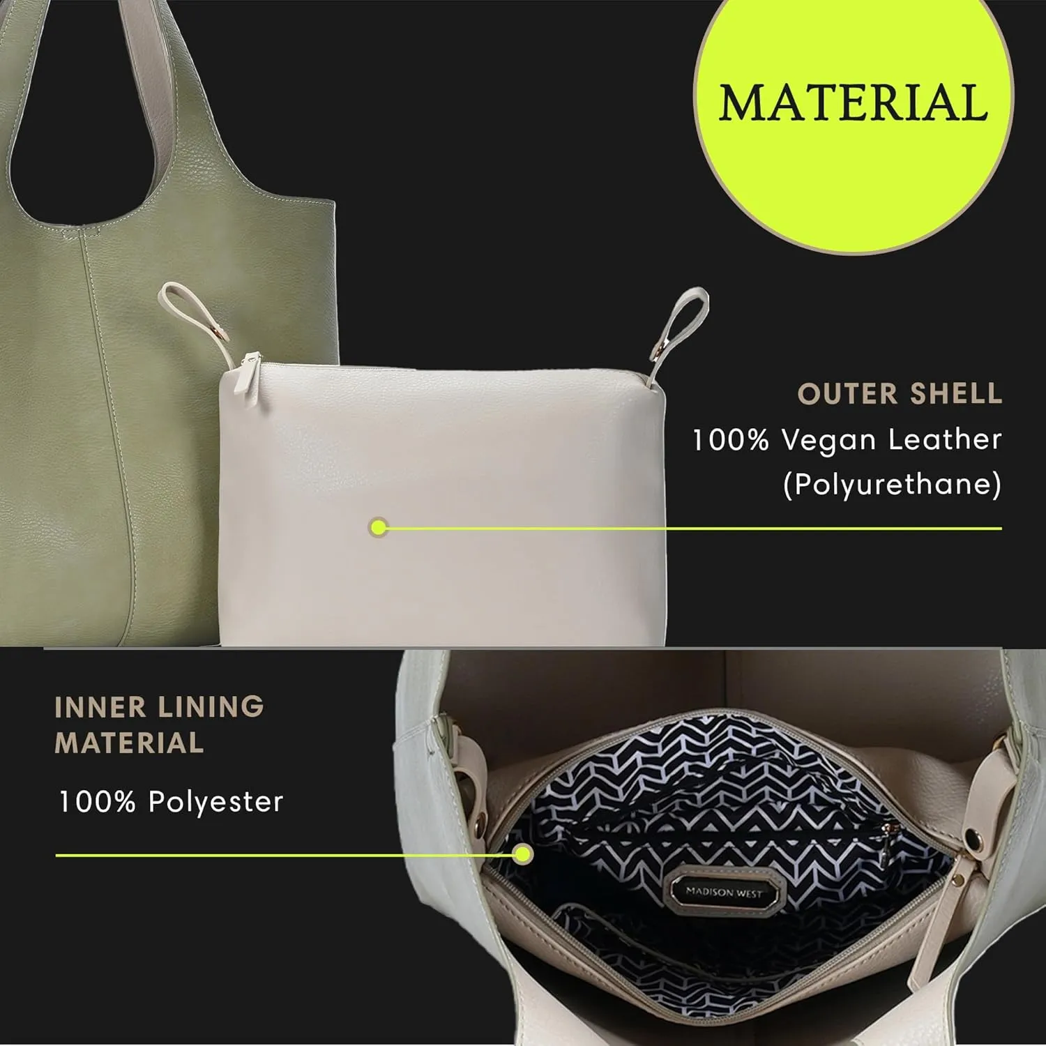 Madison West Elle Tote | Vegan Leather Tote Bags for Women with Double Handles and Scoop neck | 17.5" L x 6" W x 13" H
