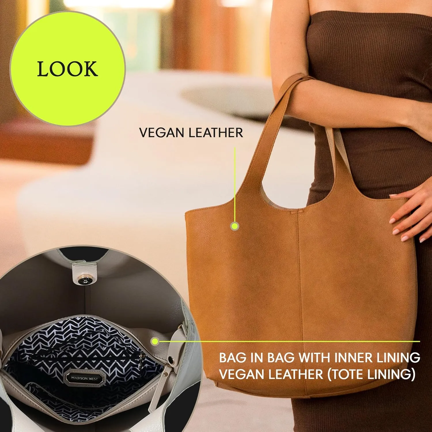 Madison West Elle Tote | Vegan Leather Tote Bags for Women with Double Handles and Scoop neck | 17.5" L x 6" W x 13" H