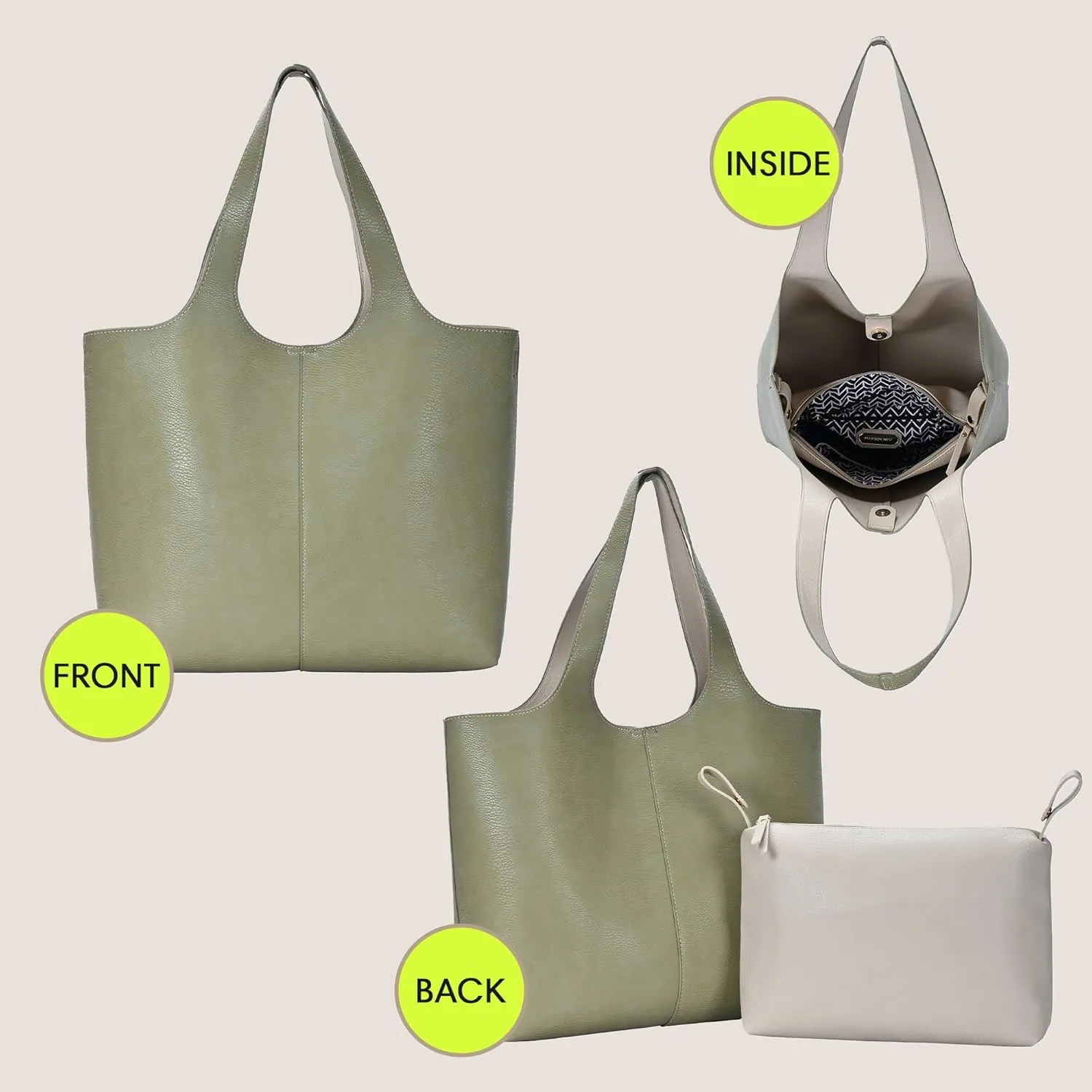 Madison West Elle Tote | Vegan Leather Tote Bags for Women with Double Handles and Scoop neck | 17.5" L x 6" W x 13" H