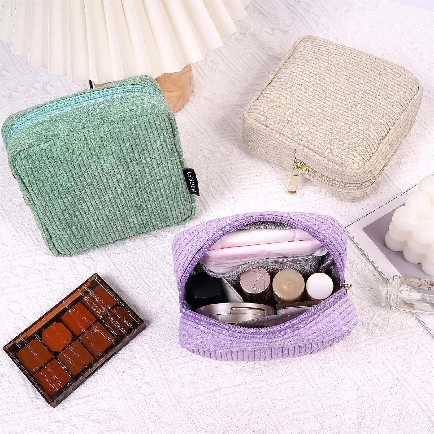 MAGEFY Small Makeup Bag for Purse Mini Cosmetics Bag Corduroy Cute Cosmetic Pouch for Women with Slip-in Pockets