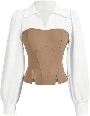 MakeMeChic Women's Color Block Collar V Neck Long Sleeve Split Hem Blouse Shirt Tops