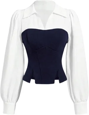 MakeMeChic Women's Color Block Collar V Neck Long Sleeve Split Hem Blouse Shirt Tops