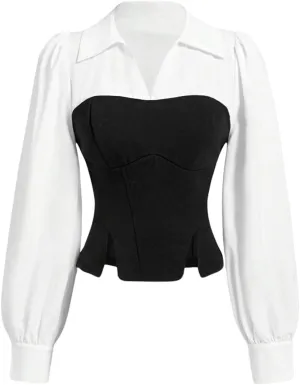 MakeMeChic Women's Color Block Collar V Neck Long Sleeve Split Hem Blouse Shirt Tops