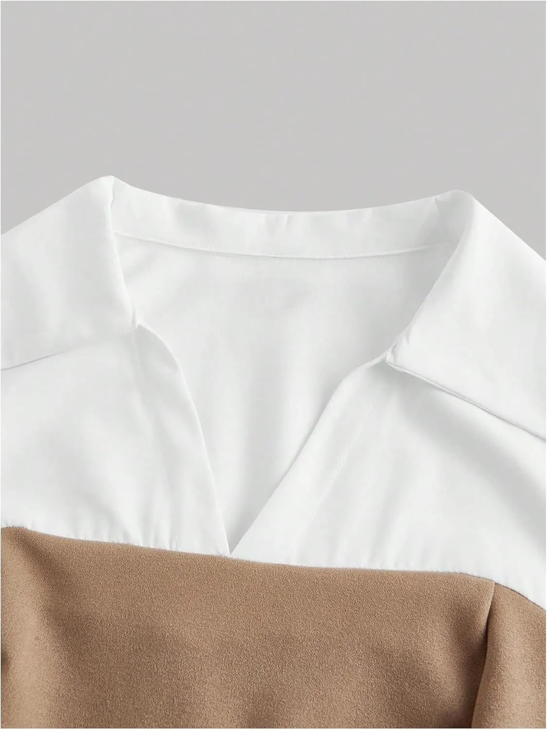 MakeMeChic Women's Color Block Collar V Neck Long Sleeve Split Hem Blouse Shirt Tops