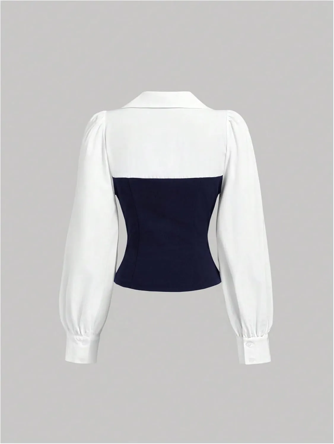 MakeMeChic Women's Color Block Collar V Neck Long Sleeve Split Hem Blouse Shirt Tops