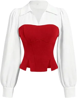 MakeMeChic Women's Color Block Collar V Neck Long Sleeve Split Hem Blouse Shirt Tops