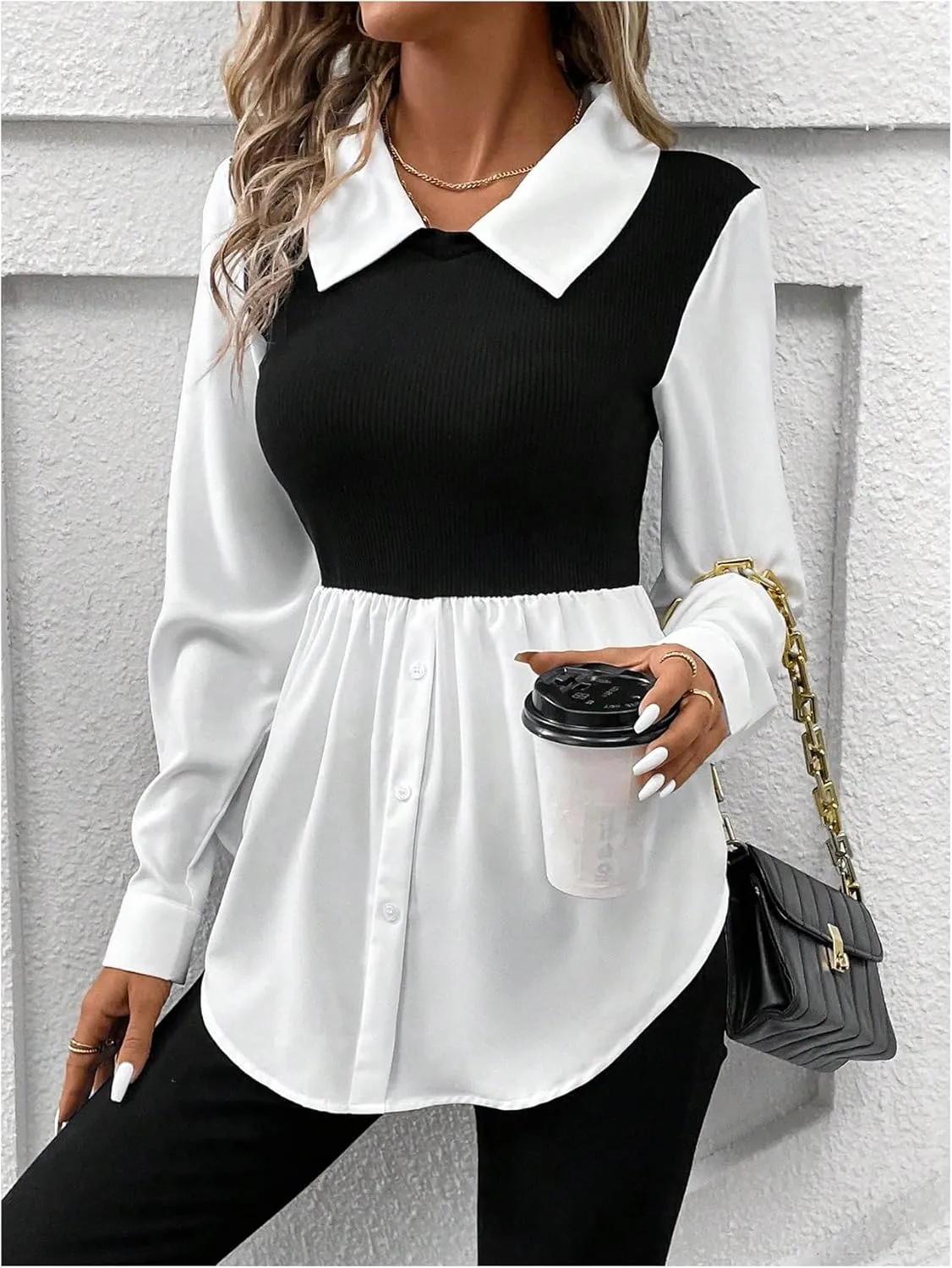 MakeMeChic Women's Color Block Rib Knitted Collar Long Sleeve 2 in 1 Shirt Blouse Peplum Tops