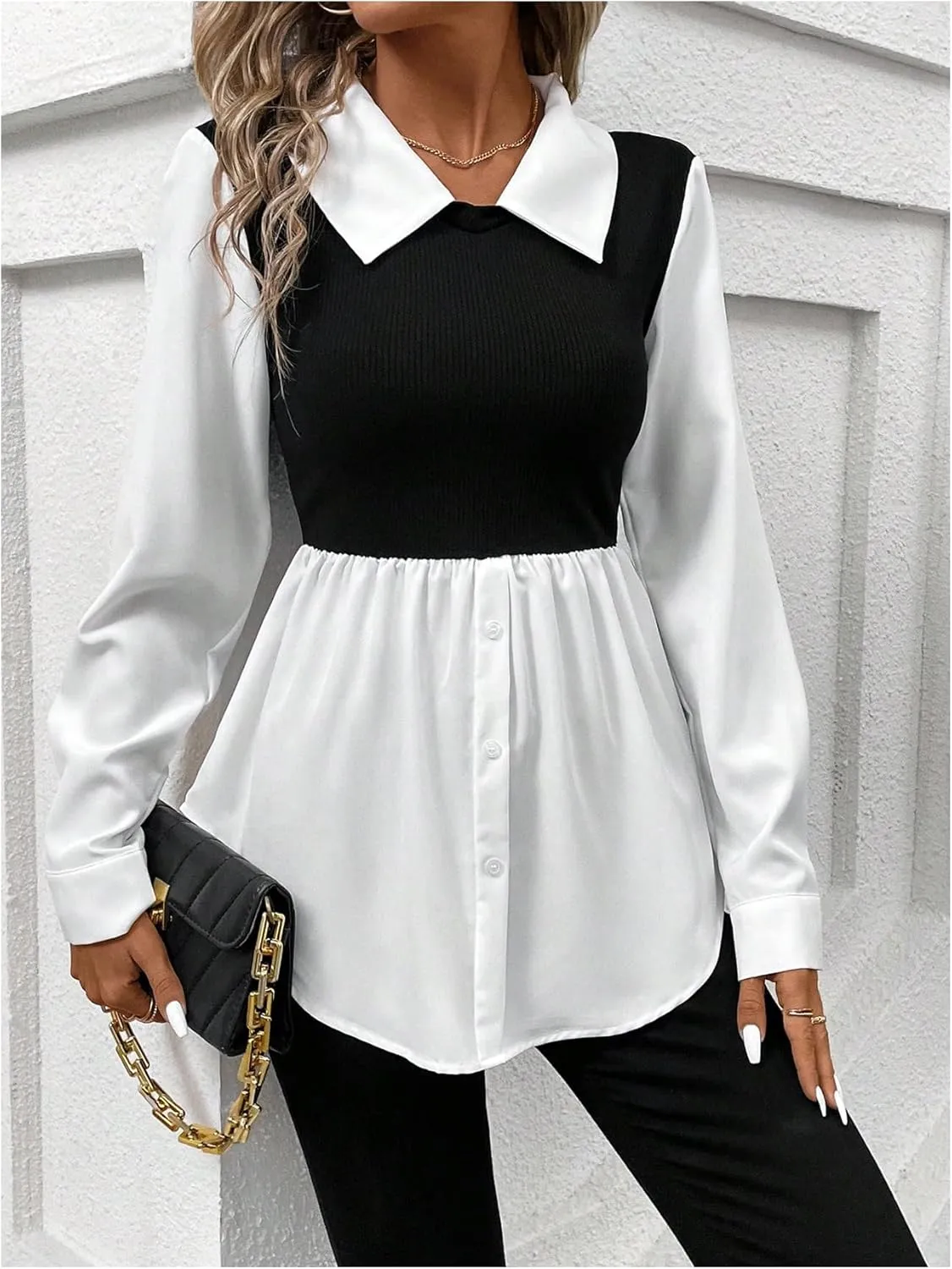 MakeMeChic Women's Color Block Rib Knitted Collar Long Sleeve 2 in 1 Shirt Blouse Peplum Tops