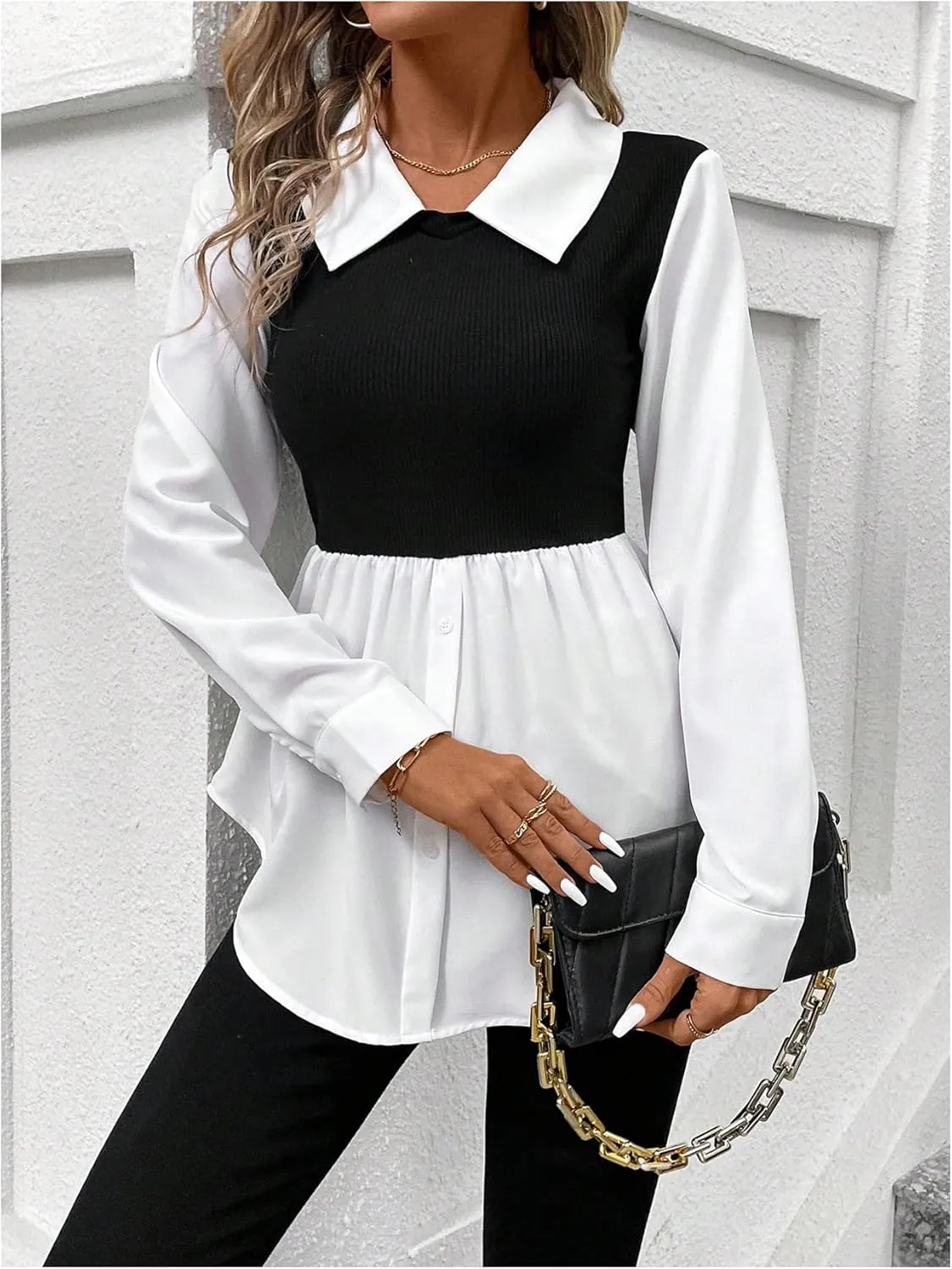MakeMeChic Women's Color Block Rib Knitted Collar Long Sleeve 2 in 1 Shirt Blouse Peplum Tops