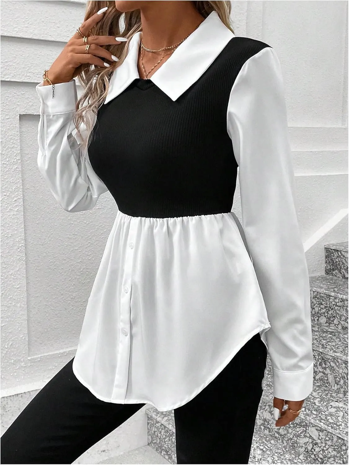 MakeMeChic Women's Color Block Rib Knitted Collar Long Sleeve 2 in 1 Shirt Blouse Peplum Tops
