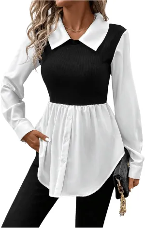 MakeMeChic Women's Color Block Rib Knitted Collar Long Sleeve 2 in 1 Shirt Blouse Peplum Tops