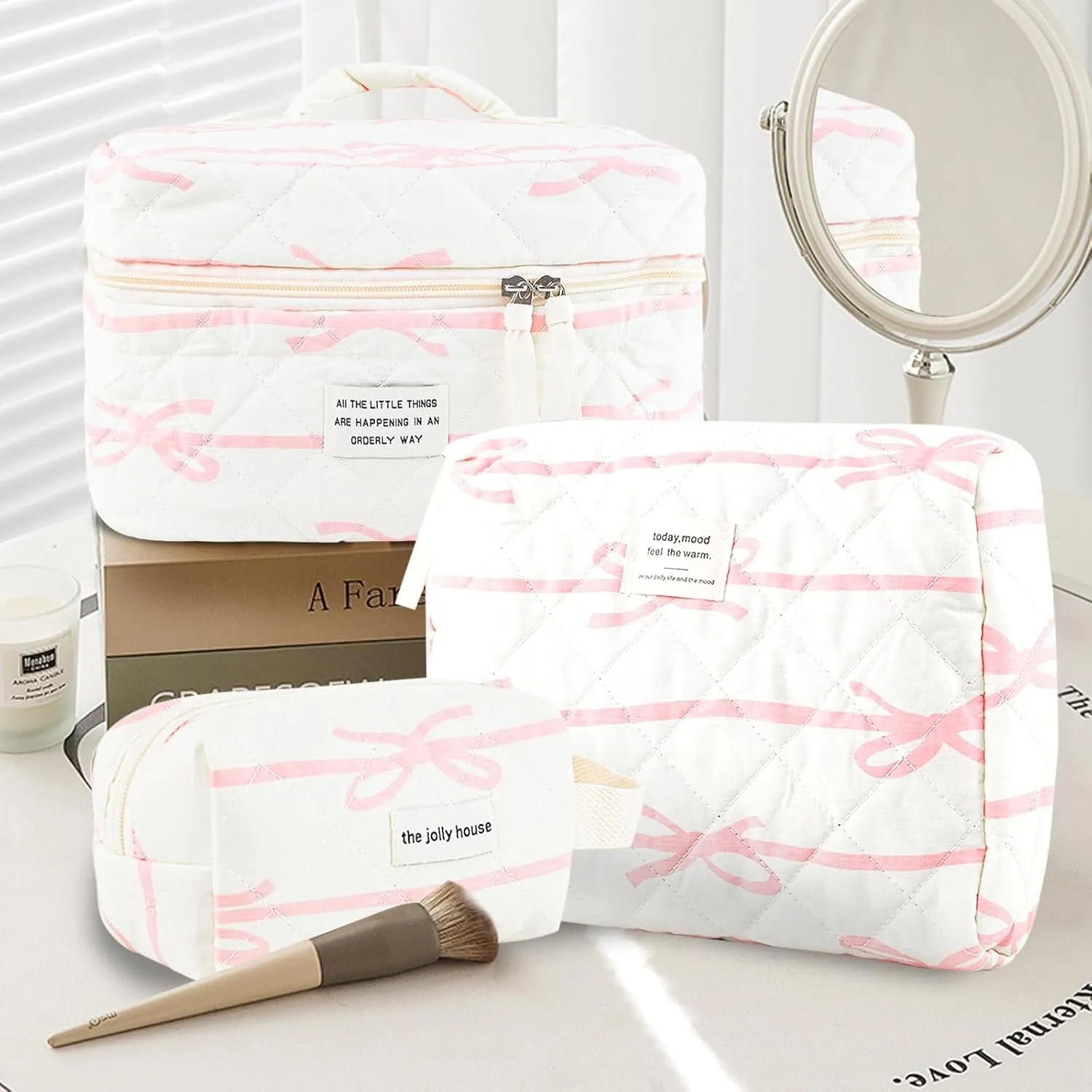 Makeup Bag, 3PC Quilted Makeup Bag Set Cotton Aesthetic Travel Large Cute Cosmetic Toiletry Bag for Women Girls