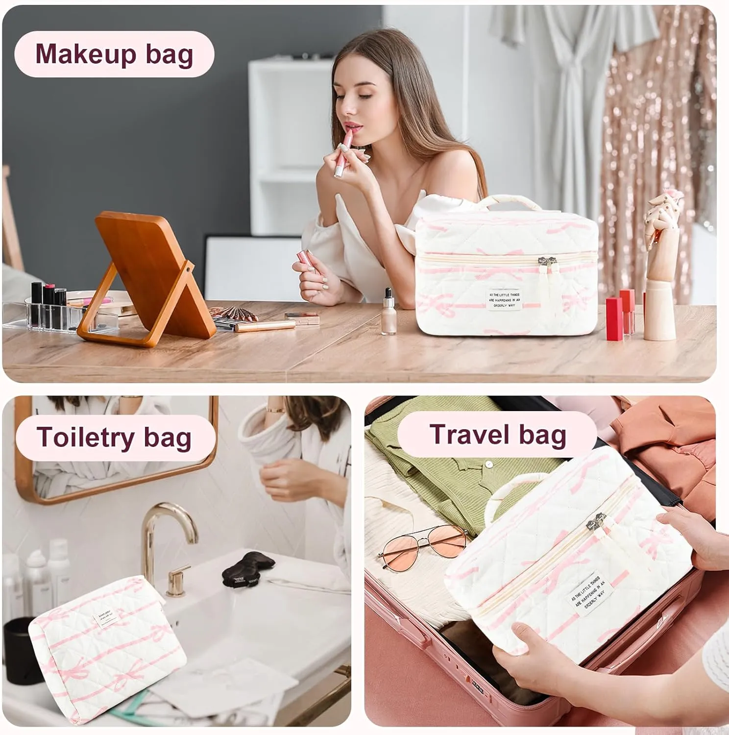 Makeup Bag, 3PC Quilted Makeup Bag Set Cotton Aesthetic Travel Large Cute Cosmetic Toiletry Bag for Women Girls