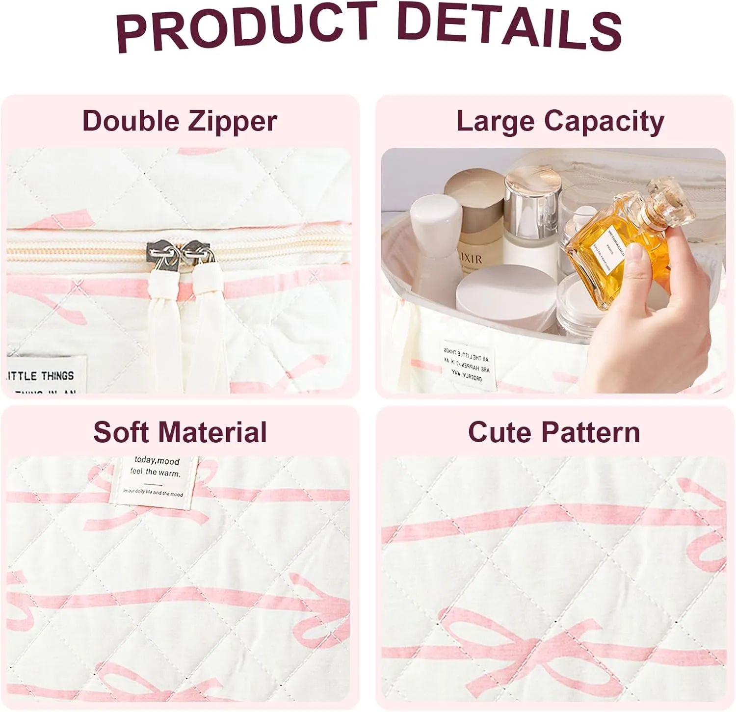 Makeup Bag, 3PC Quilted Makeup Bag Set Cotton Aesthetic Travel Large Cute Cosmetic Toiletry Bag for Women Girls
