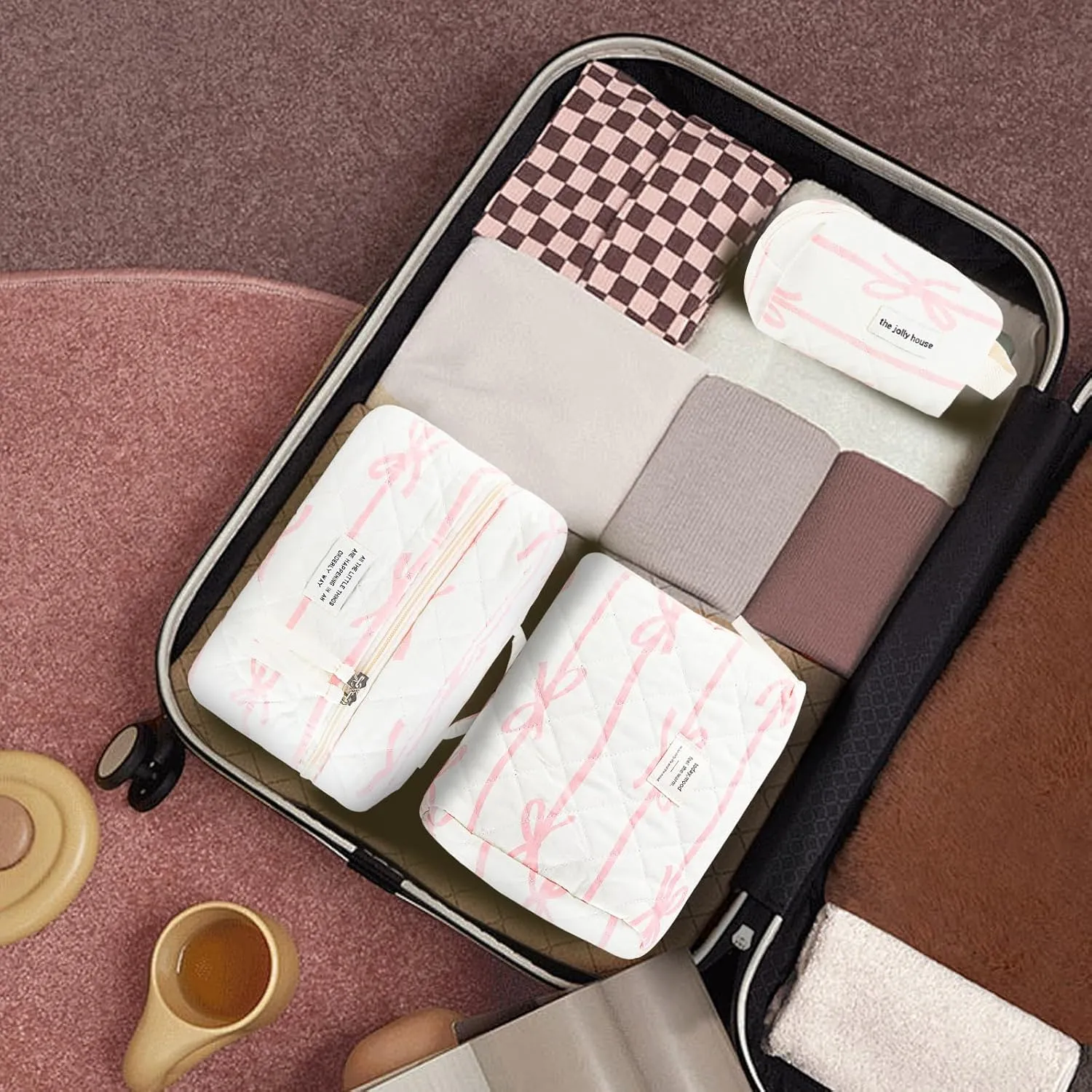 Makeup Bag, 3PC Quilted Makeup Bag Set Cotton Aesthetic Travel Large Cute Cosmetic Toiletry Bag for Women Girls