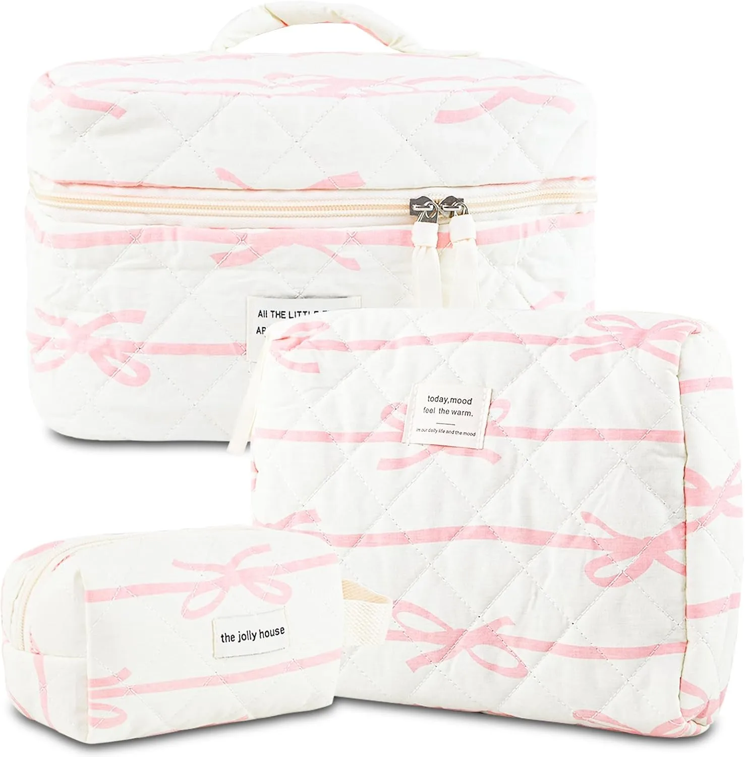 Makeup Bag, 3PC Quilted Makeup Bag Set Cotton Aesthetic Travel Large Cute Cosmetic Toiletry Bag for Women Girls