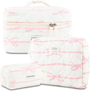 Makeup Bag, 3PC Quilted Makeup Bag Set Cotton Aesthetic Travel Large Cute Cosmetic Toiletry Bag for Women Girls