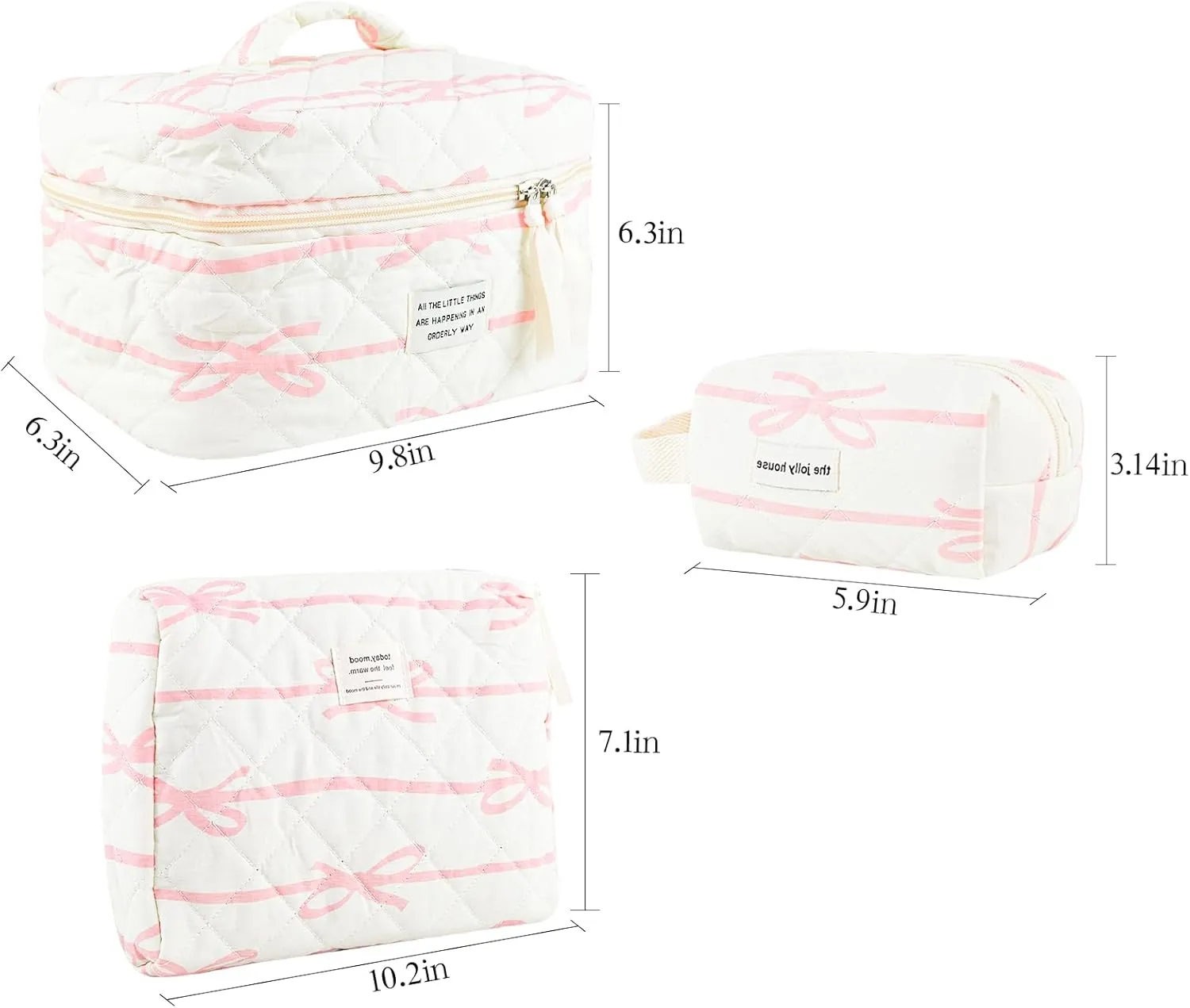 Makeup Bag, 3PC Quilted Makeup Bag Set Cotton Aesthetic Travel Large Cute Cosmetic Toiletry Bag for Women Girls