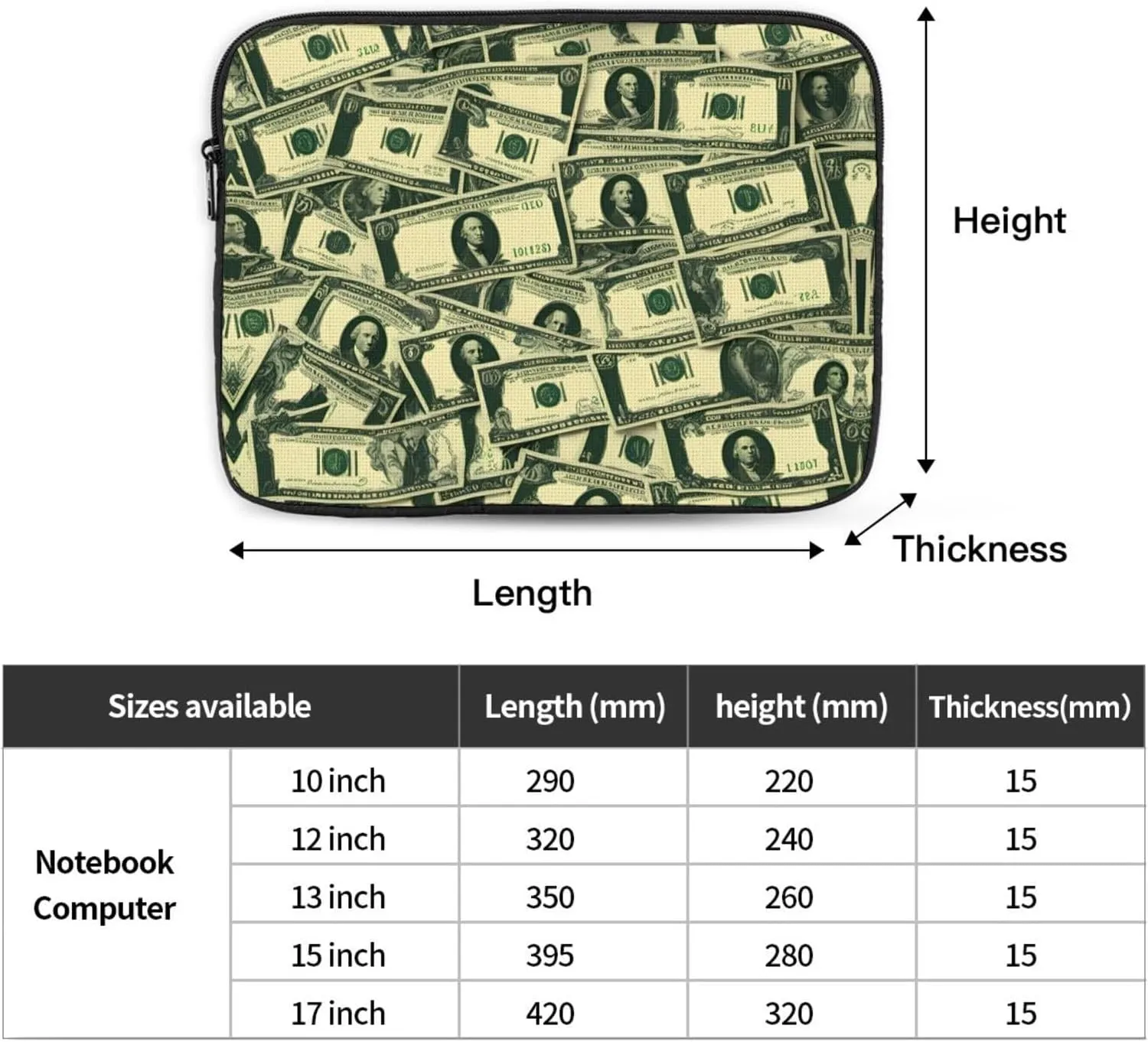 Many Cartoon Dollars Pattern Shockproof Portable Laptop 15 inch Sleeve Bag for Men and Women - Ideal for Business Travel, School, and Daily Use