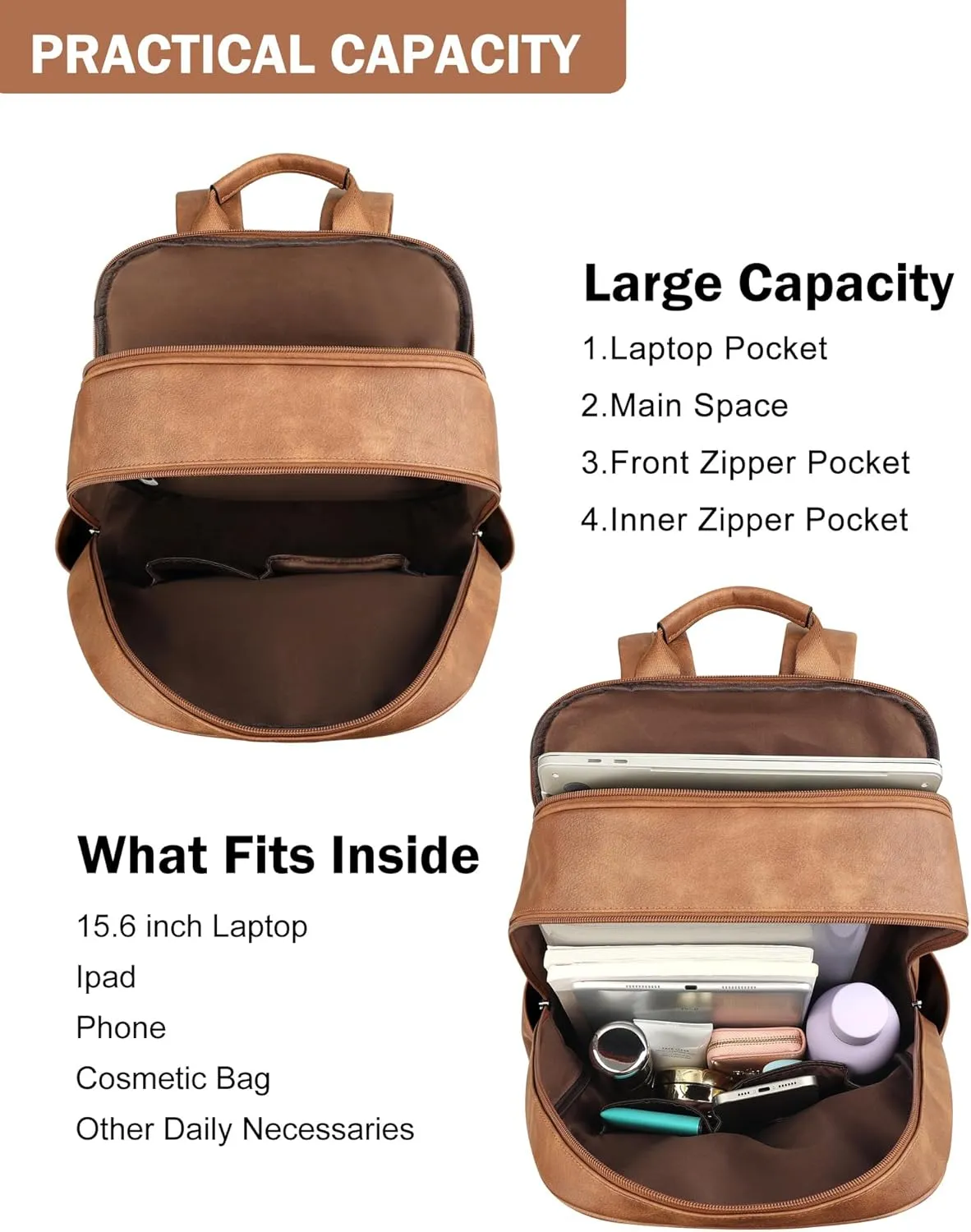 MASINTOR 15.6 inch Leather Laptop Backpack Purse for Women, Designer Travel and Work Bag with Laptop Compartment Mocha Brown