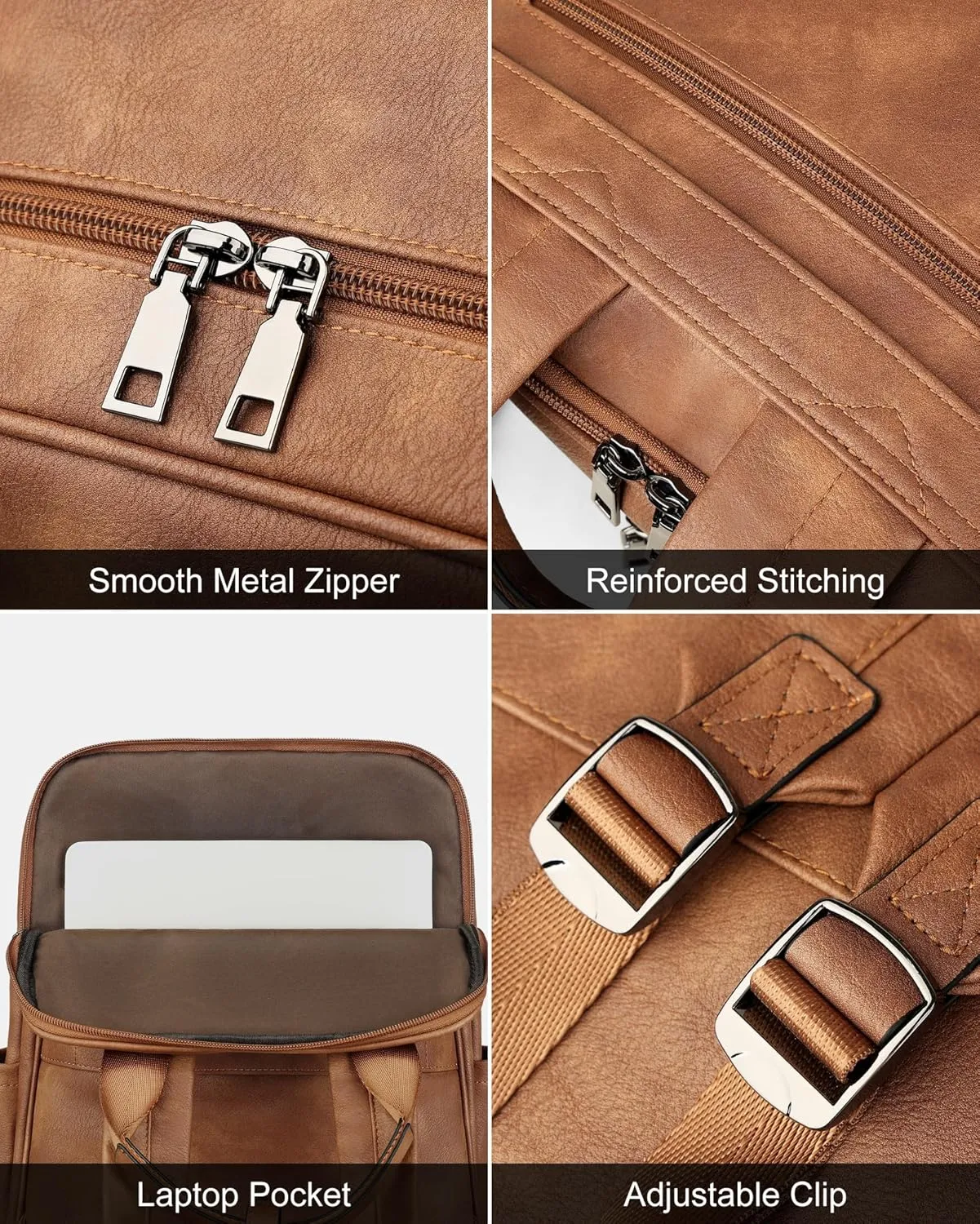 MASINTOR 15.6 inch Leather Laptop Backpack Purse for Women, Designer Travel and Work Bag with Laptop Compartment Mocha Brown