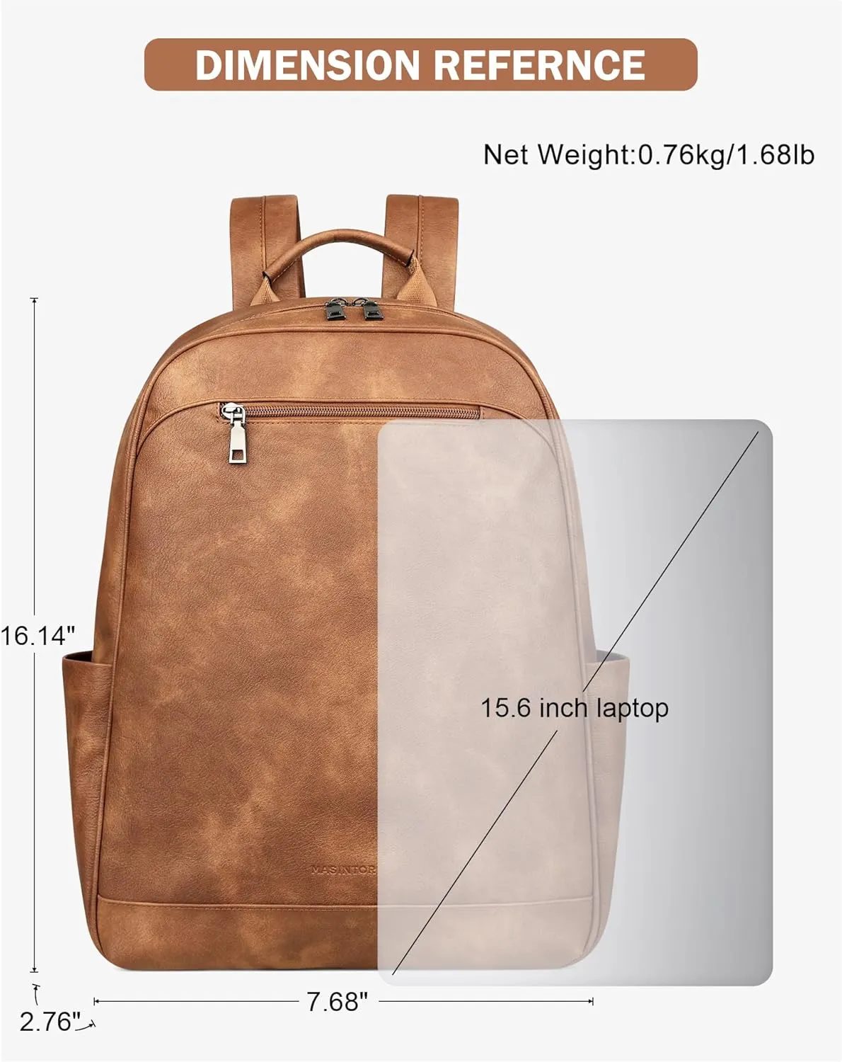 MASINTOR 15.6 inch Leather Laptop Backpack Purse for Women, Designer Travel and Work Bag with Laptop Compartment Mocha Brown