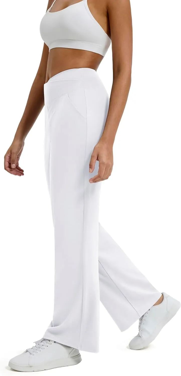 Maxbee Wide Leg Pants for Women Casual Work Pants Crossover High Waisted Yoga Pants with Pockets