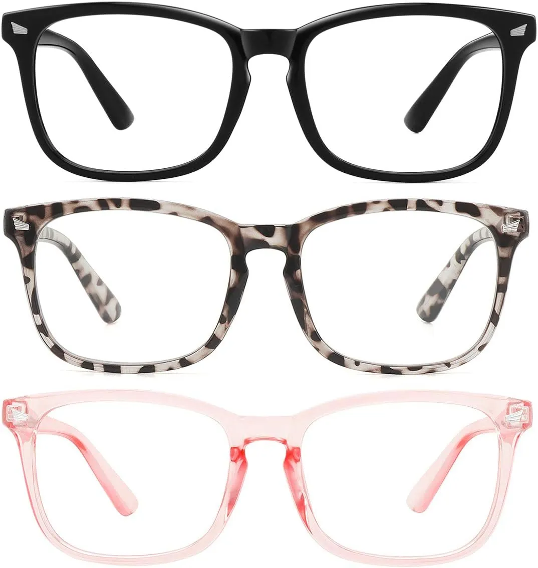MEETSUN Blue Light Blocking Glasses, Anti Eye Strain Headache (Sleep Better),Computer Reading Glasses UV400 Transparent Lens (Black Leopard Pink / 3 PACK, 53)