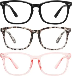 MEETSUN Blue Light Blocking Glasses, Anti Eye Strain Headache (Sleep Better),Computer Reading Glasses UV400 Transparent Lens (Black Leopard Pink / 3 PACK, 53)