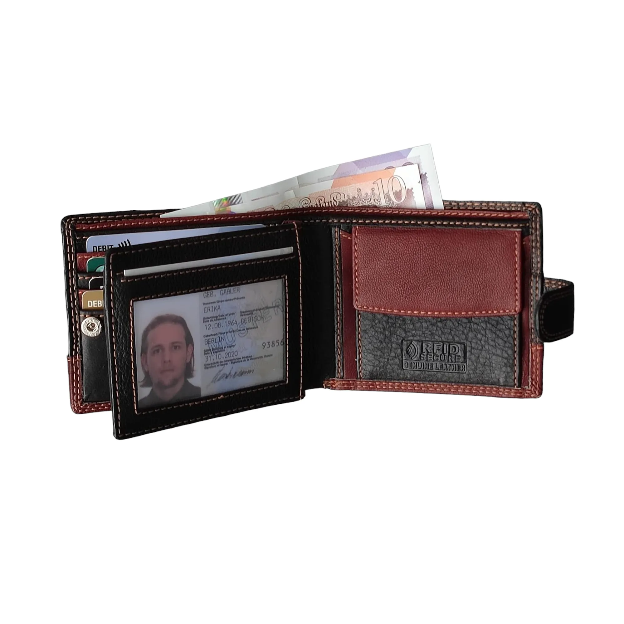 Men RFID Blocking Real Soft Leather Passcase Wallet M-75 Black/Brown