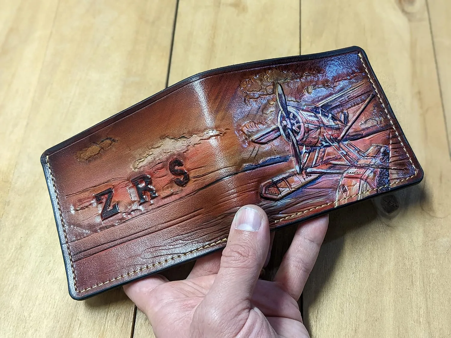 Men's 3D Genuine Leather Wallet, Hand-Carved, Hand-Painted, Leather Carving, Custom wallet, Personalized wallet, Aeroplane, Pilot, Plane, Aviation, Aircraft, Constructor
