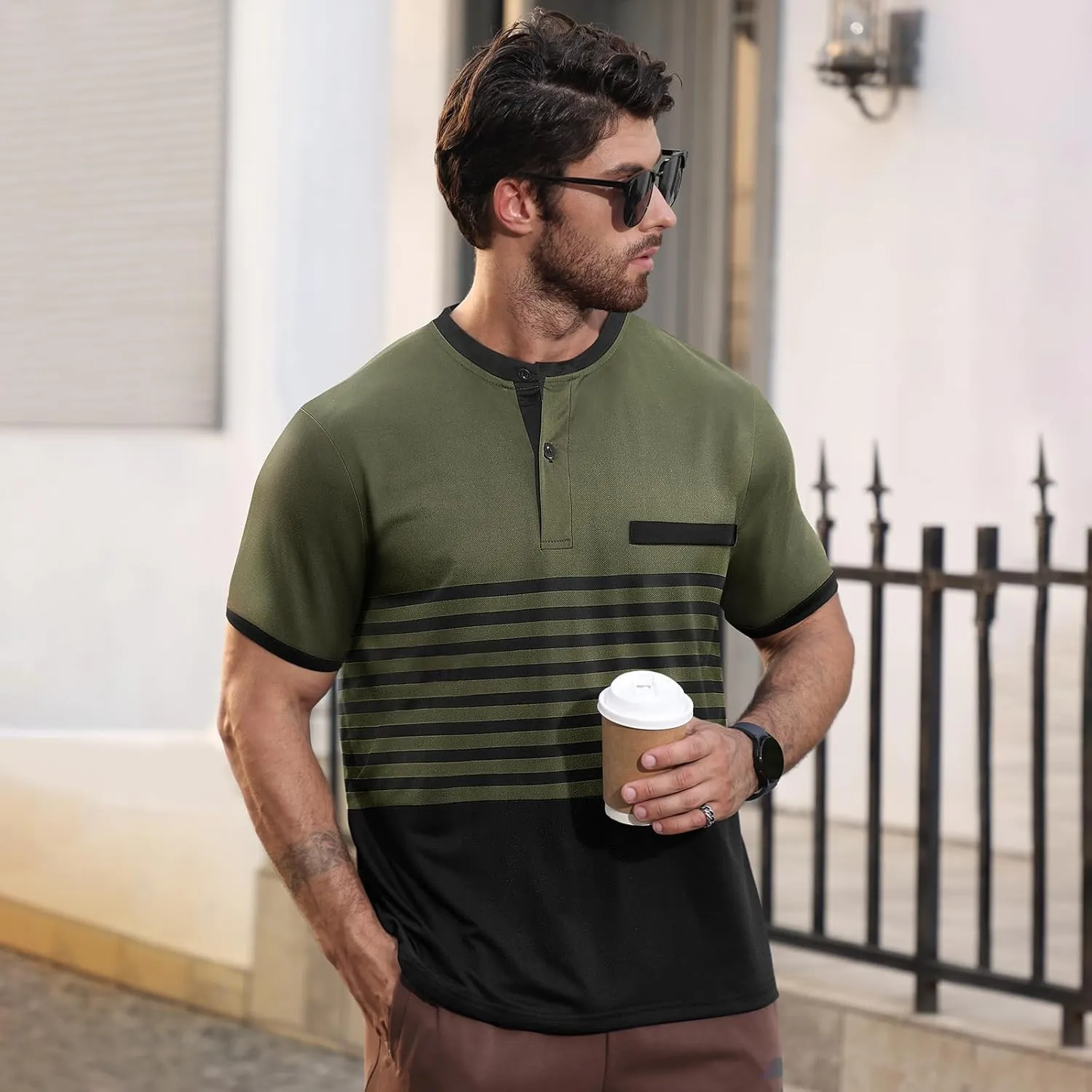 Men's Casual Henley Short Sleeves Stripe Color Blocking Quarter Buttoned Classic fit T-Shirt