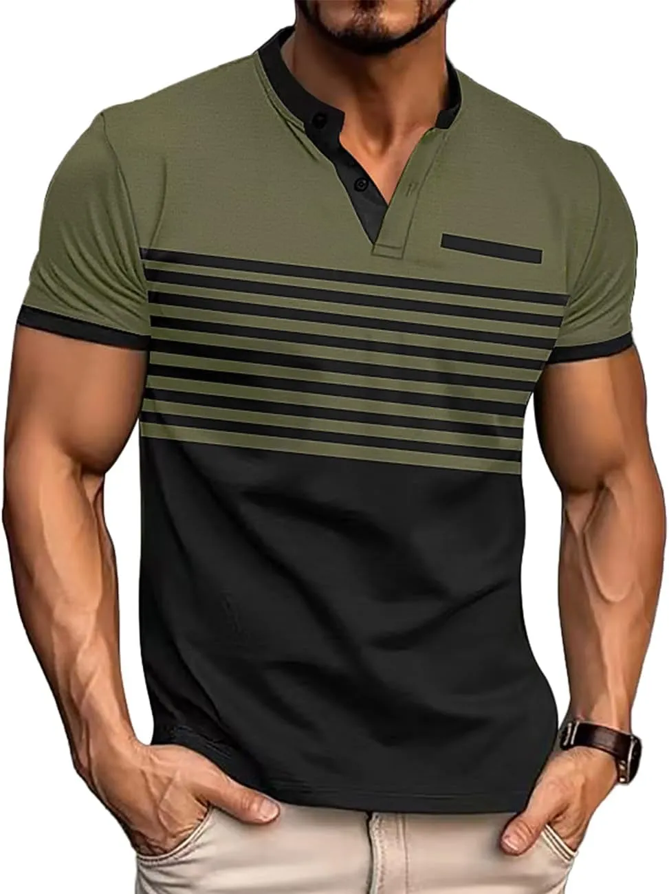 Men's Casual Henley Short Sleeves Stripe Color Blocking Quarter Buttoned Classic fit T-Shirt